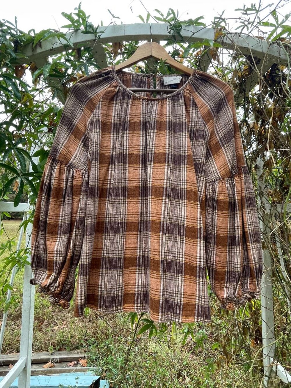 Universal Thread Plaid Cottagecore Popover Blouse Large Western Boho Collegiate